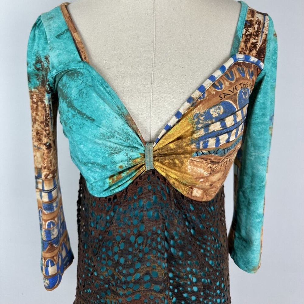 VTG 90s Y2K SAVE THE QUEEN Turquoise Blouse L Stretchy Mesh Top Sweetheart Italy